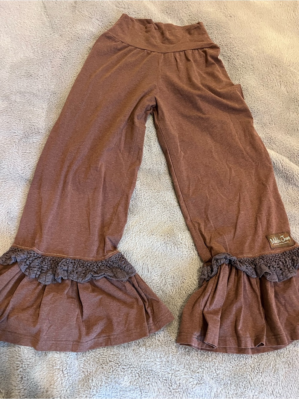 Matilda Jane Women’s S Brown Flare Pull-On Pants Elastic Waist Ruffle W Lace